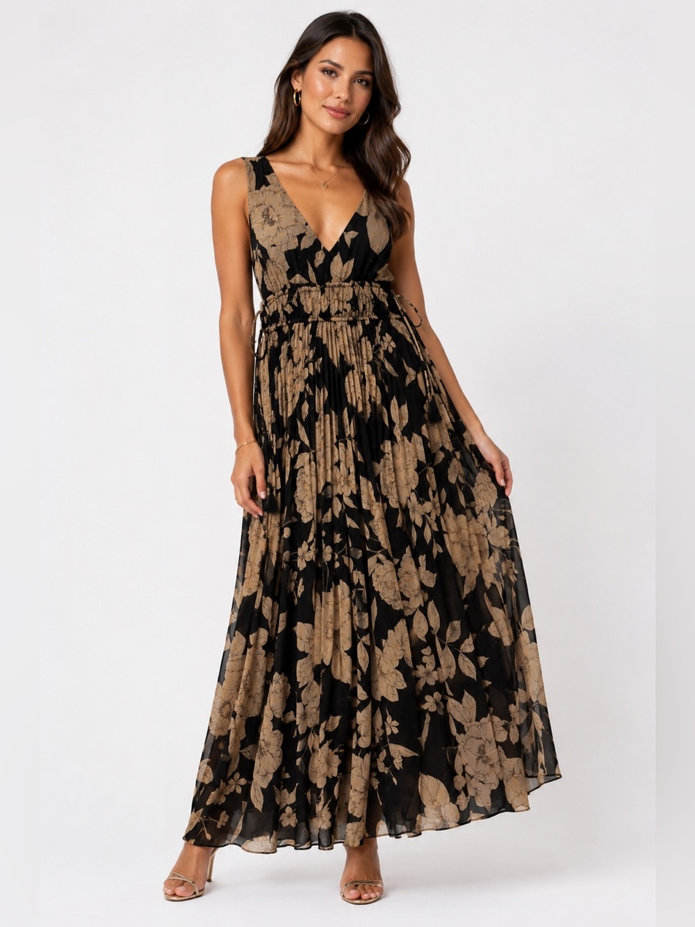 Taylor Floral Pleated Maxi Dress NWT Size 10 Black Beige Gold Metallic Maxi